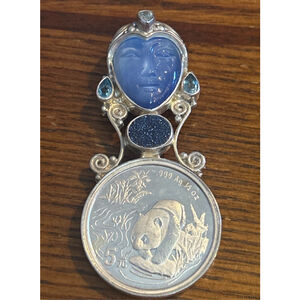 Women's Sajen Silver & Blue Carved Stone Panda Coin Brooch Pendant One Size